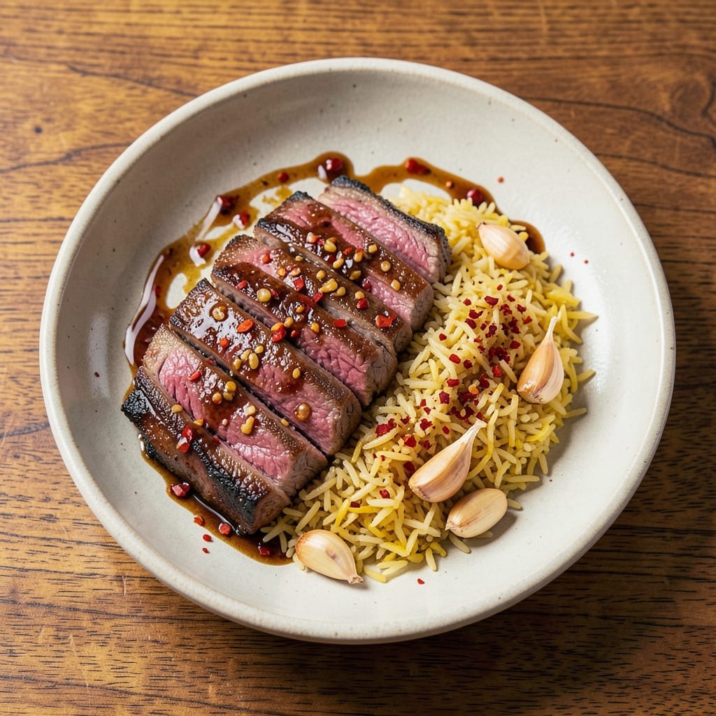 Asian Steak and Rice Recipe: Garlic-Chili Crust Meets Silky Jasmine Rice