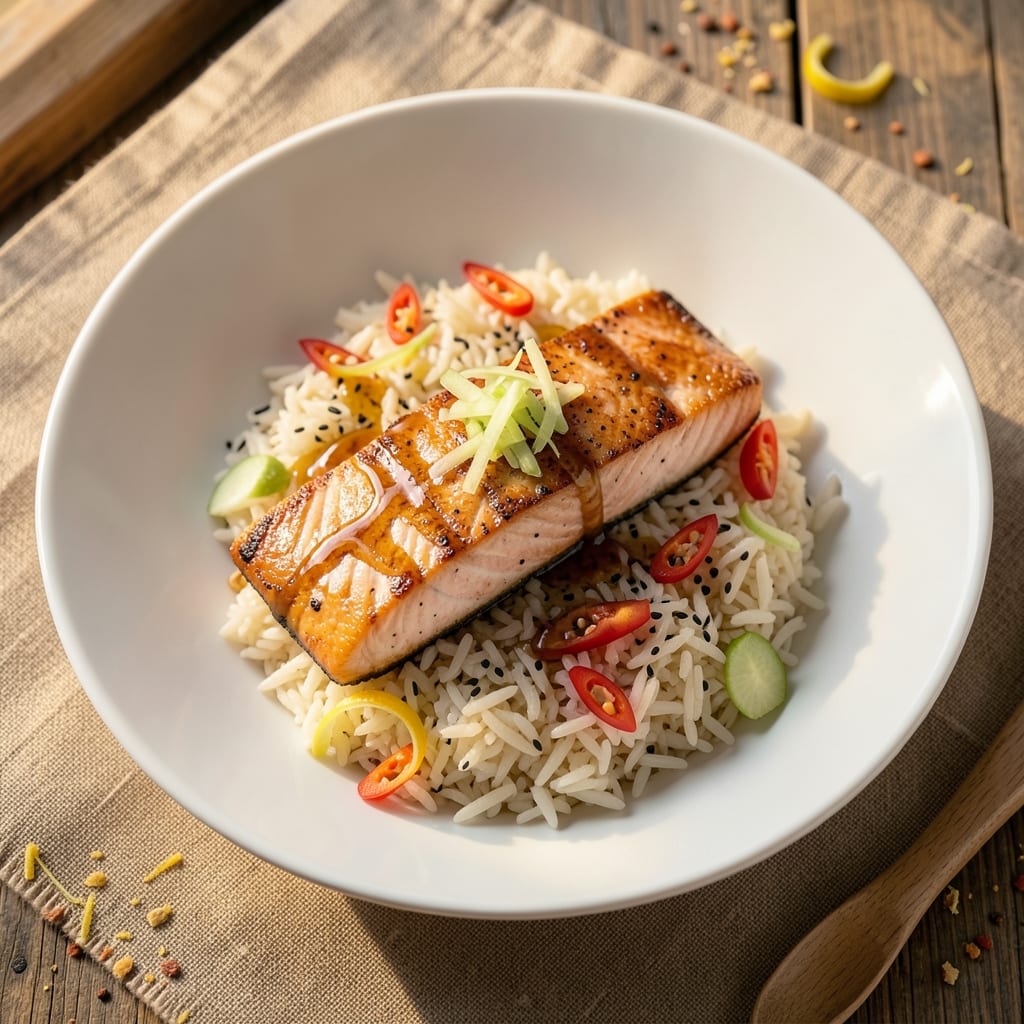 Asian Salmon And Rice Recipe: Ginger-Soy Glazed Fish Over Jasmine Basmati