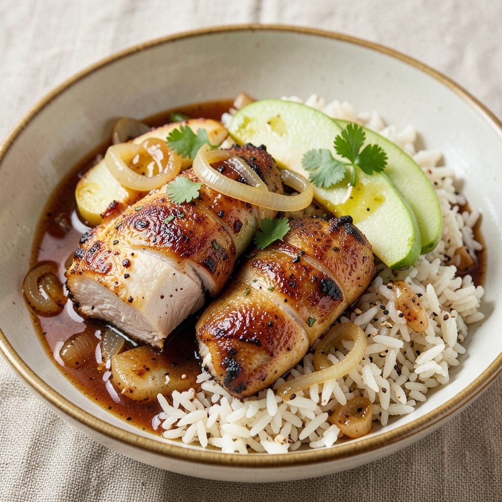 Apple Chicken Rice Recipe: Apple-Cider Braised Crispy Bark Over Fragrant Jasmine Rice