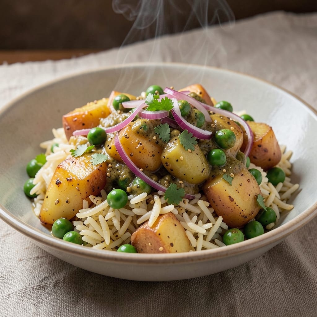 Aloo Matar Rice Recipe: One-Pot Potato and Pea Pilaf with Toasted Cumin Crunch
