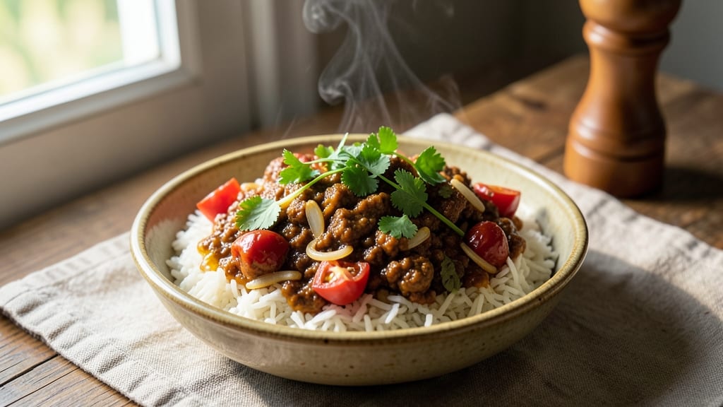 Chicken Keema Rice Recipe: Spiced Tomato Gravy Over Fragrant Basmati