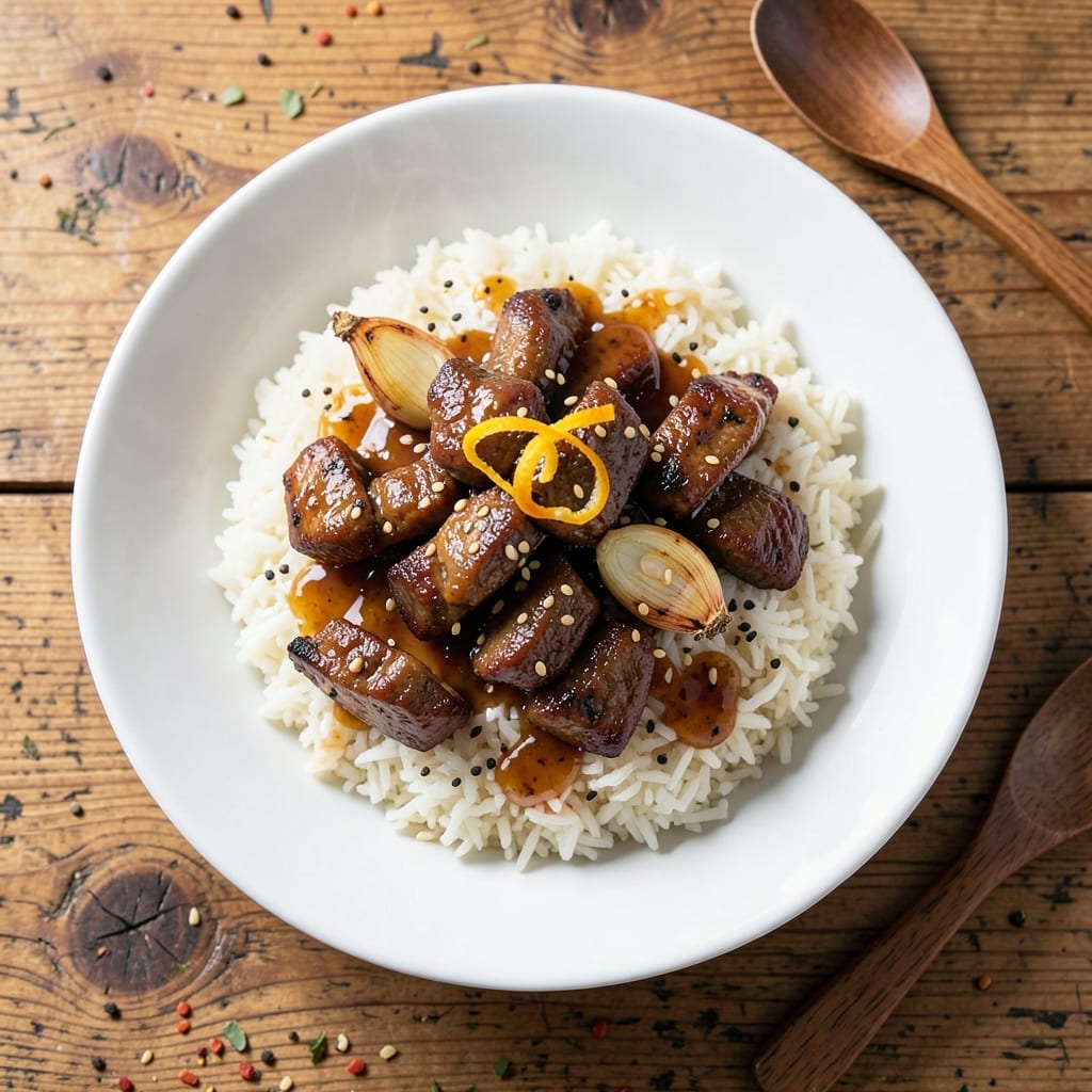 Asian Beef Tips and Rice Recipe: Sticky Jasmine Rice with Sweet-Soy Glazed Bites