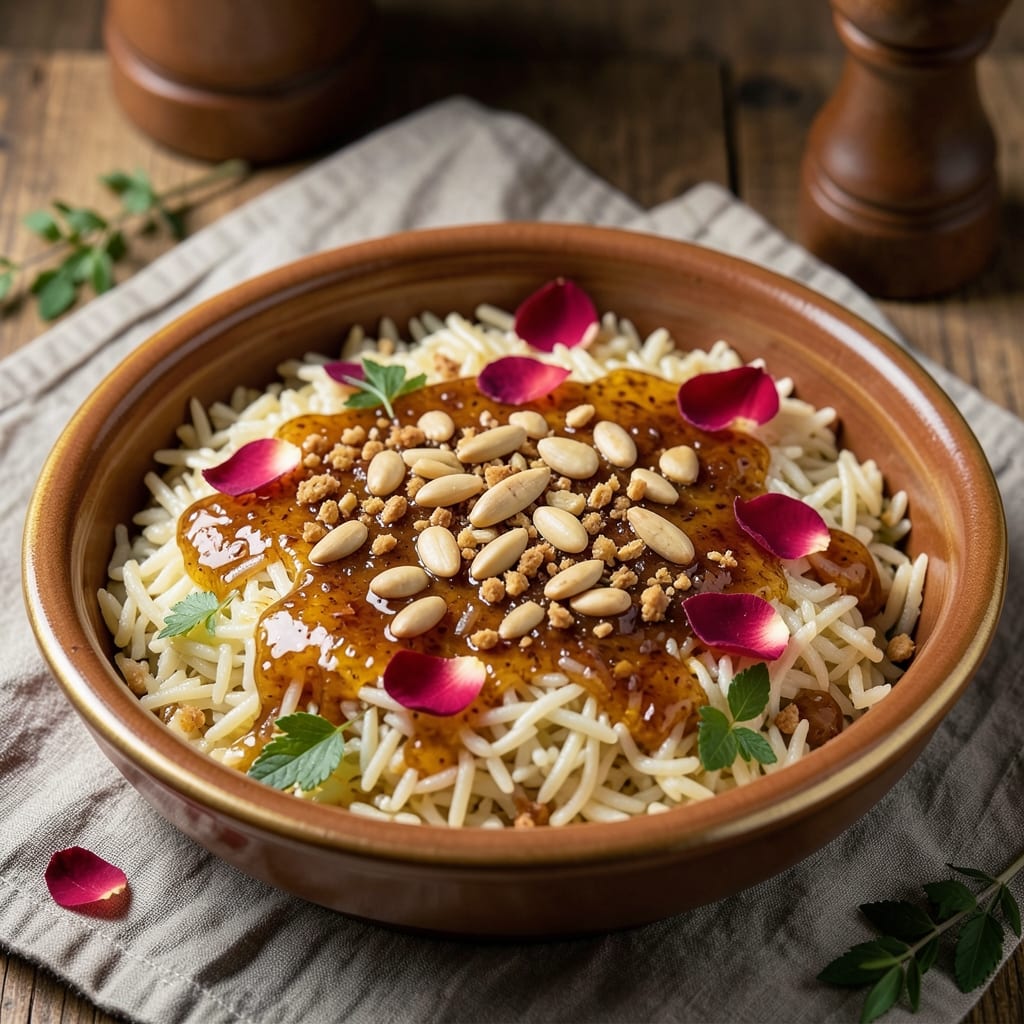 Arabic Sweet Rice Recipe: Saffron-Infused Crunch with Toasted Pine Nuts